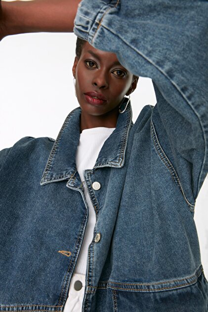 Trendyolmilla Koyu Mavi Cep Detaylı Oversize Denim Ceket