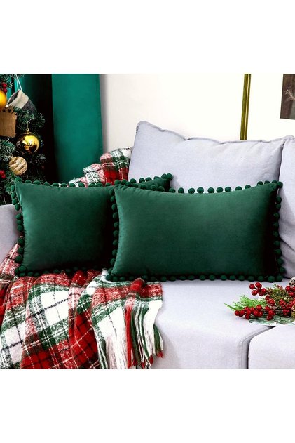 2'li Çam Yeşili Minik Ponponlu Kırlent Kılıfı Kadife Görünümlü 2 Adet 30 X 50cm