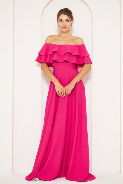 Fuchsia Ruffle Collar Detail Off Shoulder Draped Woven Fabric Maxi Length Flared Evening Dress