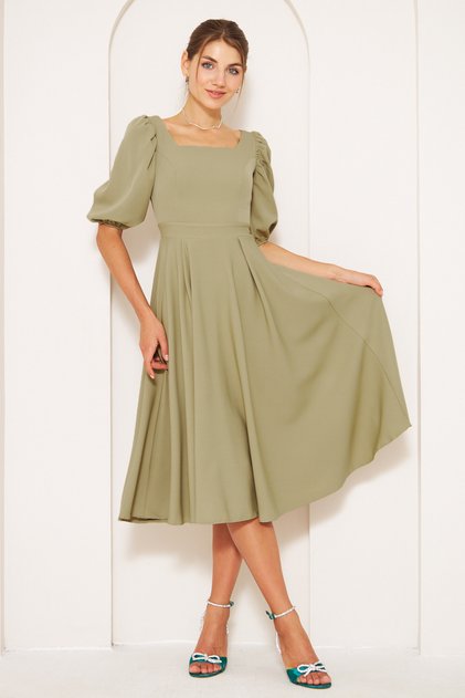 Oil Green Midi Length Balloon Sleeve Square Neck Short Elastic Sleeve Woven Draped Fabric Dress