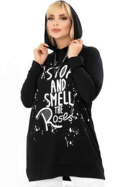 Front Letter and Stone Printed Round Neck Drawstring Hooded Long Sleeve Comfortable and Flowy Flexible Tunic