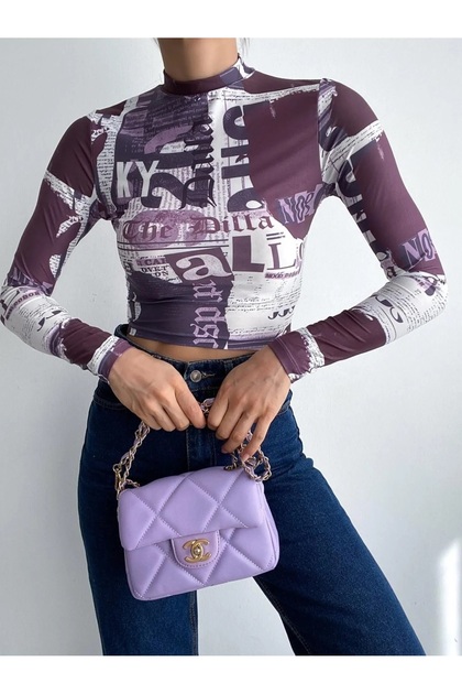 High Collar Long Sleeve Patterned Crop Blouse