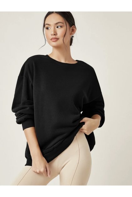 Unisex Siyah Düz Bisiklet Yaka Oversize Sweatshirt