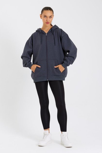 Anthracite Kangaroo Pocket Hooded Zippered Cotton Inside Oversize Women's Sweatshirt