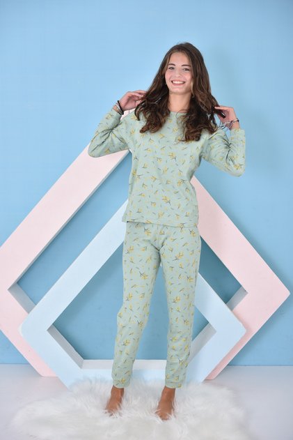 Girl's Waiter Size Printed Single Jersey Fabric (Airable Anti-Sweat) Mint Pajama Set
