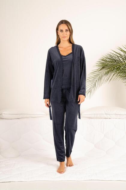Women's Winter 3-Piece Dressing Gown Lace Detailed Soft Velvet Pajama Set