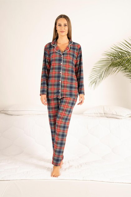 Women's Winter Plaid Patterned Long Sleeve Buttoned Front Suede Pajama Set - Navy Blue Red