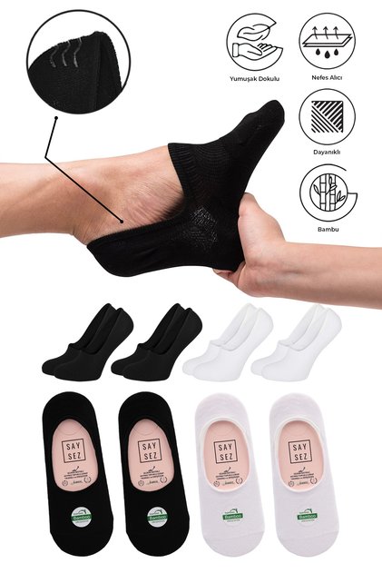 Bamboo Women's Ballet Black-White Socks Seamless Invisible Anti-Slip Heel Silicone Premium Pack of 4