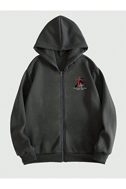 Adrift Goth Guys Skeleton & Slogan Graphic Zip Up Lined Hoodie Gri