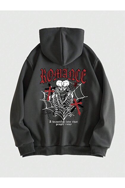Adrift Goth Guys Skeleton & Slogan Graphic Zip Up Lined Hoodie Gri