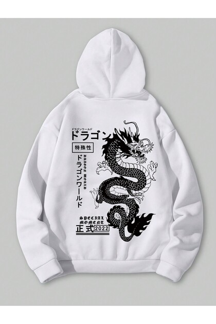 Hanorac căptușit cu șnur, cu grafică cu dragon și litere, cu tematică anime, alb