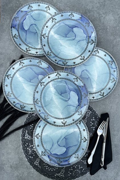 Deeper 25 Cm Porcelain Daily Blue Modern Serving Plate Set for 6 Persons