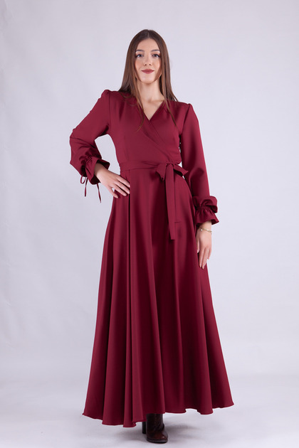 Burgundy Maxi Length Women's Double Breasted Collar Sleeve Nipple Frilly Long Sleeve Sleeve Nipple Frilly Belted Dress
