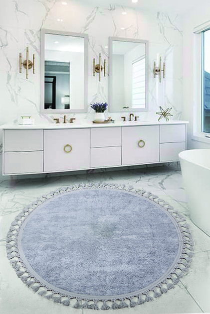 Nova Gray Round 120x120 Cm Pompom Fringed Non-Slip Base Machine Washable Bath Mat