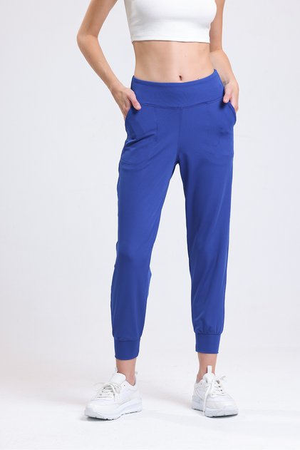 Women's Navy Blue High Waist Pocket Elastic Waist Flexible Jogger Pants