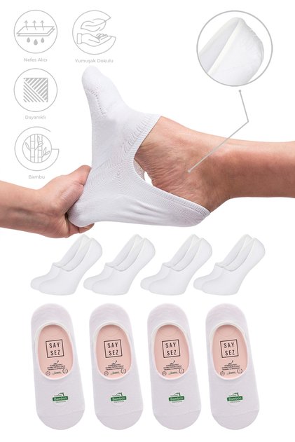 Bamboo Women's Ballerina White Socks Seamless Invisible Anti-Slip Heel Silicone Premium Pack of 4