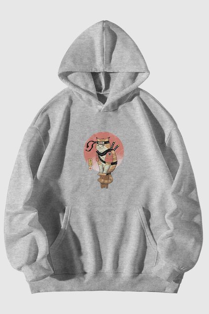 Ninja Cat Printed Unisex Gray Kangaroo Pocket Hooded Sweatshirt Hoodie