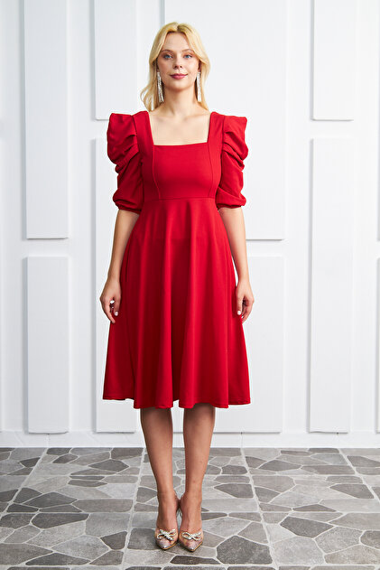 lovebox Women's Crepe Fabric Short Sleeve Square Collar Midi Length Red  Dress 080- Trendyol
