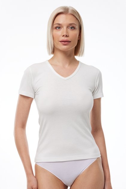 Women's Ecru V-Neck Short Sleeve Viloft Thermal Top Underwear 707