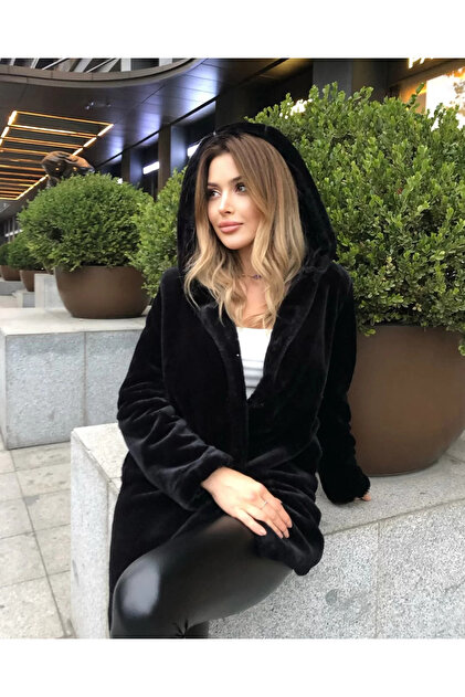 dblovedbrand Kapüşonlu Peluş Kürk Kaban peluskaban Peluş Mont