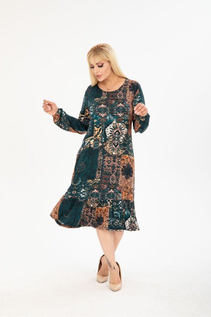 PLUS SIZE BELOW KNEE LONG SLEEVE SKIRT Ruffle DETAIL STYLISH DOUBLE POCKET VISCOSE COMBED DRESS