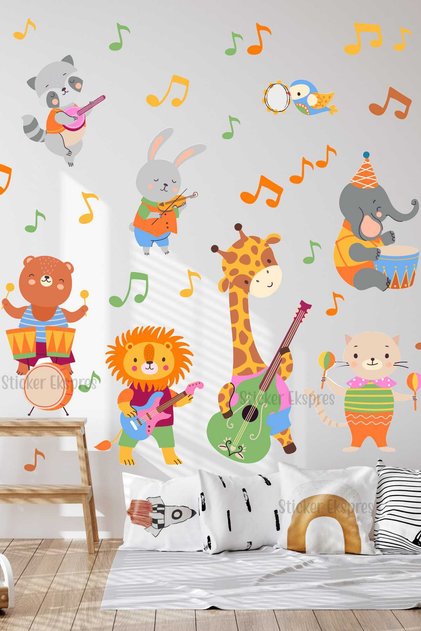 Müzisyen Hayvanlar Anaokulu Okul Çocuk Odası Kreş Duvar Kapı Cam Sticker Seti