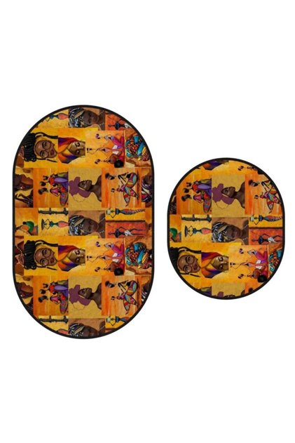 1263 African Patterned Oval 2-Piece Bath Mat Rug Set Non-Slip Base 60x100-60x50