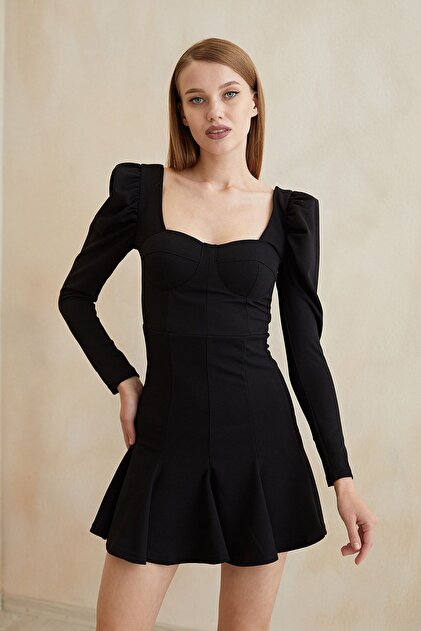 bayansepeti Flexible Fabric Square Neck Long Sleeve Black Dress Engagement Graduation  Dress 104- Trendyol