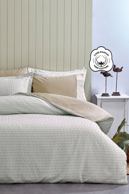 Spectra 100% Cotton Special Woven Double Duvet Cover Set with Piping Sheets Striped Plain Beige