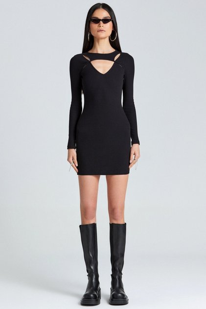 1968 Drop Detailed Black Dress with Low-cut Breast