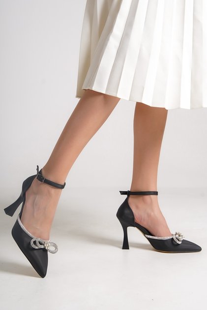 Black Satin Bow Stoned Stiletto Goblet Heeled Shoes - Darley