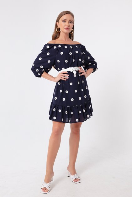 Rochie de damă bleumarin cu mâneci cu curea elastică