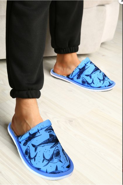 Men's Blue Shark Patterned Soft Sole Home Slippers