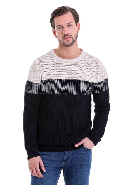 Navy Blue Regular Fit Striped Crew Neck Knitwear Sweater