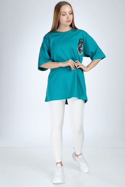 Millionaire Kadın Petrol Yeşili Kurt Baskılı Oversize T-shirt - K20014 - 3
