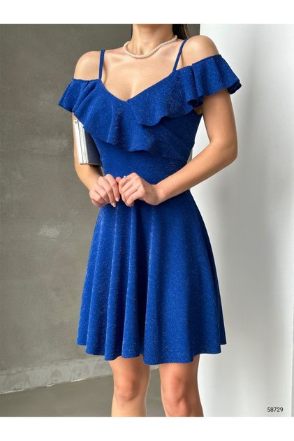 Stretchy Bright Blue Crepe Fabric Collar Flounce Detailed Strappy Flared Evening Dress and Graduation Gown 58729 701