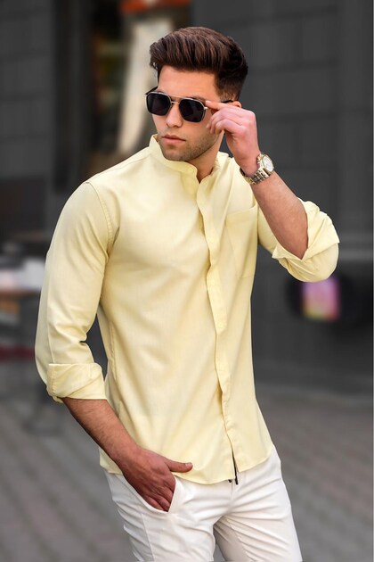 Men's Yellow Linen Plain Long Sleeve Shirt 5548