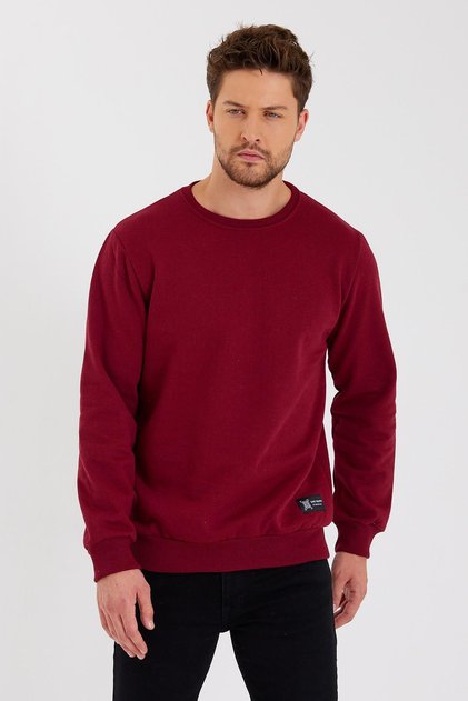 Claret Red Crew Neck Label Detailed Cotton Inside Men's Sweatshirt