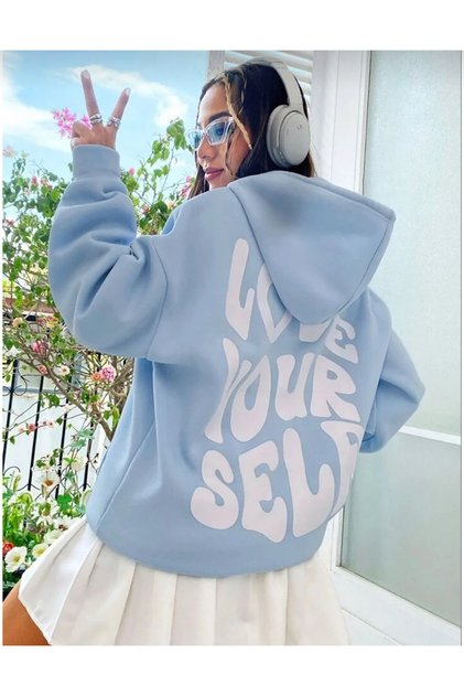 Women's Baby Blue Love Yourself Printed Oversize Hooded Sweatshirt