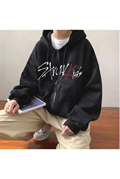 Touz Stray Kids Baskılı Oversize Fermuarlı Siyah Unisex Kapüşonlu