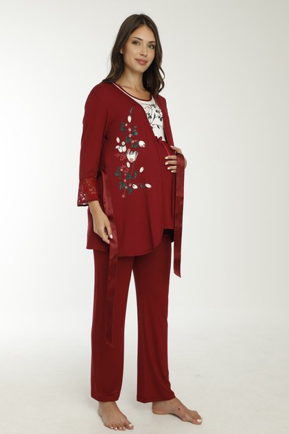 Claret Red Patterned Maternity and Maternity Pajamas Set with Dressing Gown