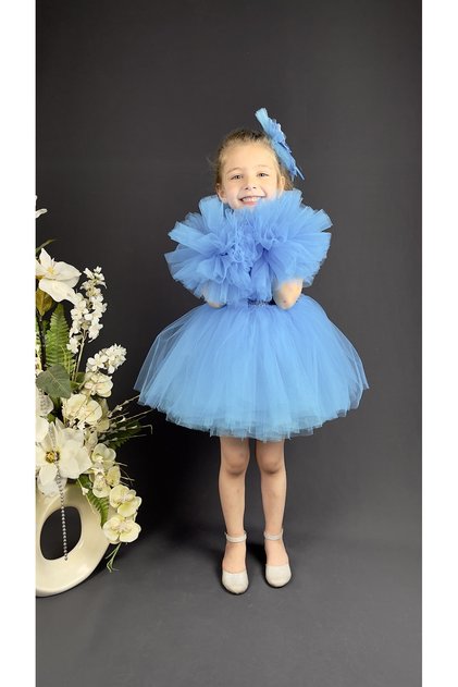 Chiffon Yoke Pom-Pom Sleeve Sequin Embellished Girls' Puffy Skirt Tulle Evening Dress
