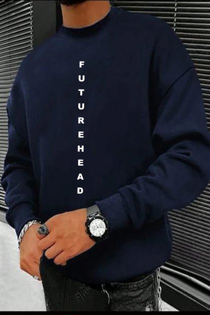 Futurehead Printed Crew Neck Navy Blue Oversize Sweatshirt