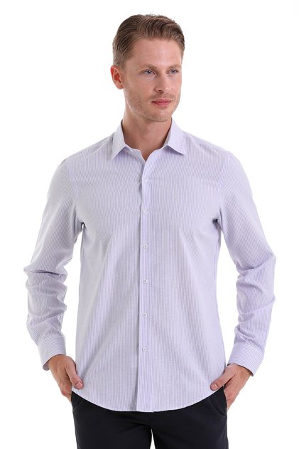 Lilac CComfort Fit Striped Cotton Slim Collar Long Sleeve Sports Shirt