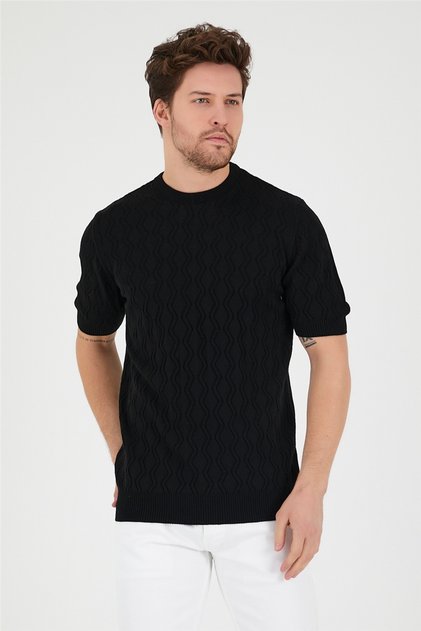 Black Men's Round Collar Patterned Knitted T-shirt-trz2525252525r03s