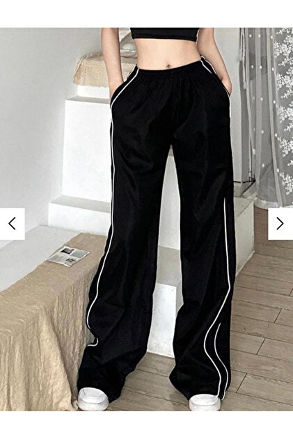 Gofeel Harajuku Couple Zip Detail Paraşüt Unisex Siyah Bol Paça