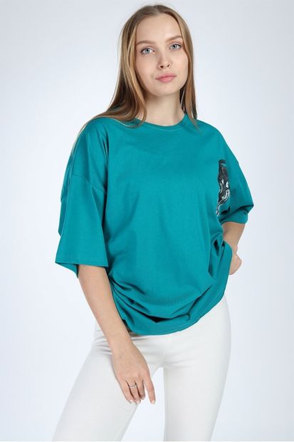 Millionaire Kadın Petrol Yeşili Kurt Baskılı Oversize T-shirt - K20014 - 1