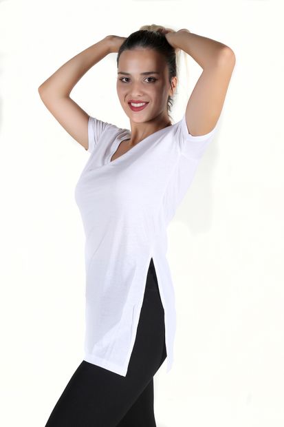 moda felinya Kadın Beyaz V Yaka Yan Yırtmaçlı Tunik Tshirt - 3