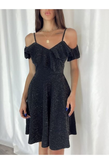 Flexible Shiny Black Crepe Fabric Collar Flounce Detailed Strapped Flared Evening Dress and Graduation Gown 58729 701
