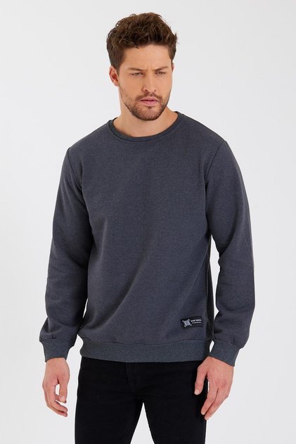 Anthracite Men's Cotton Sweatshirt with Crew Neck Label Detail